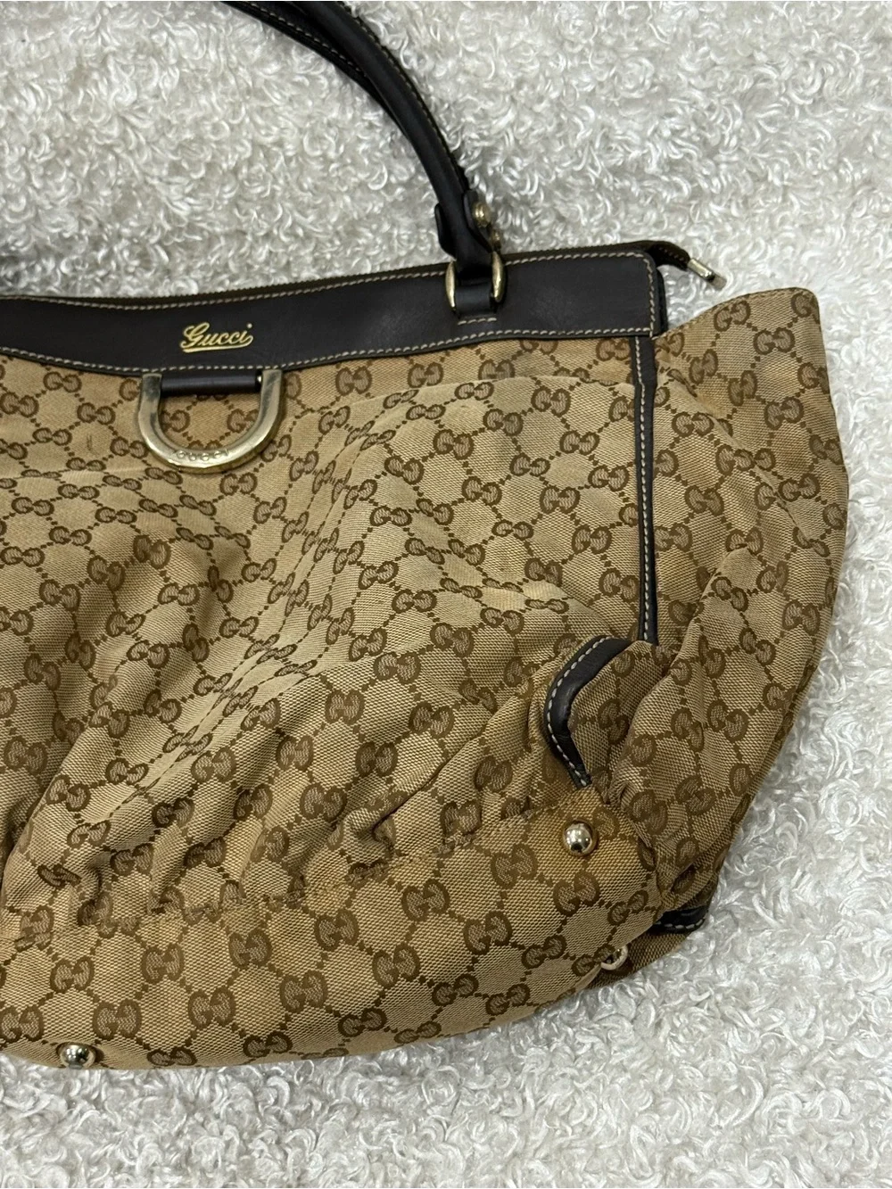 Gucci Abbey Canvas Tote with Brown Leather Trim